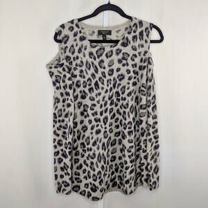 Charter Club Sweater Womens Large Cashmere Gray Leopard Print Ski Cold Shoulder
